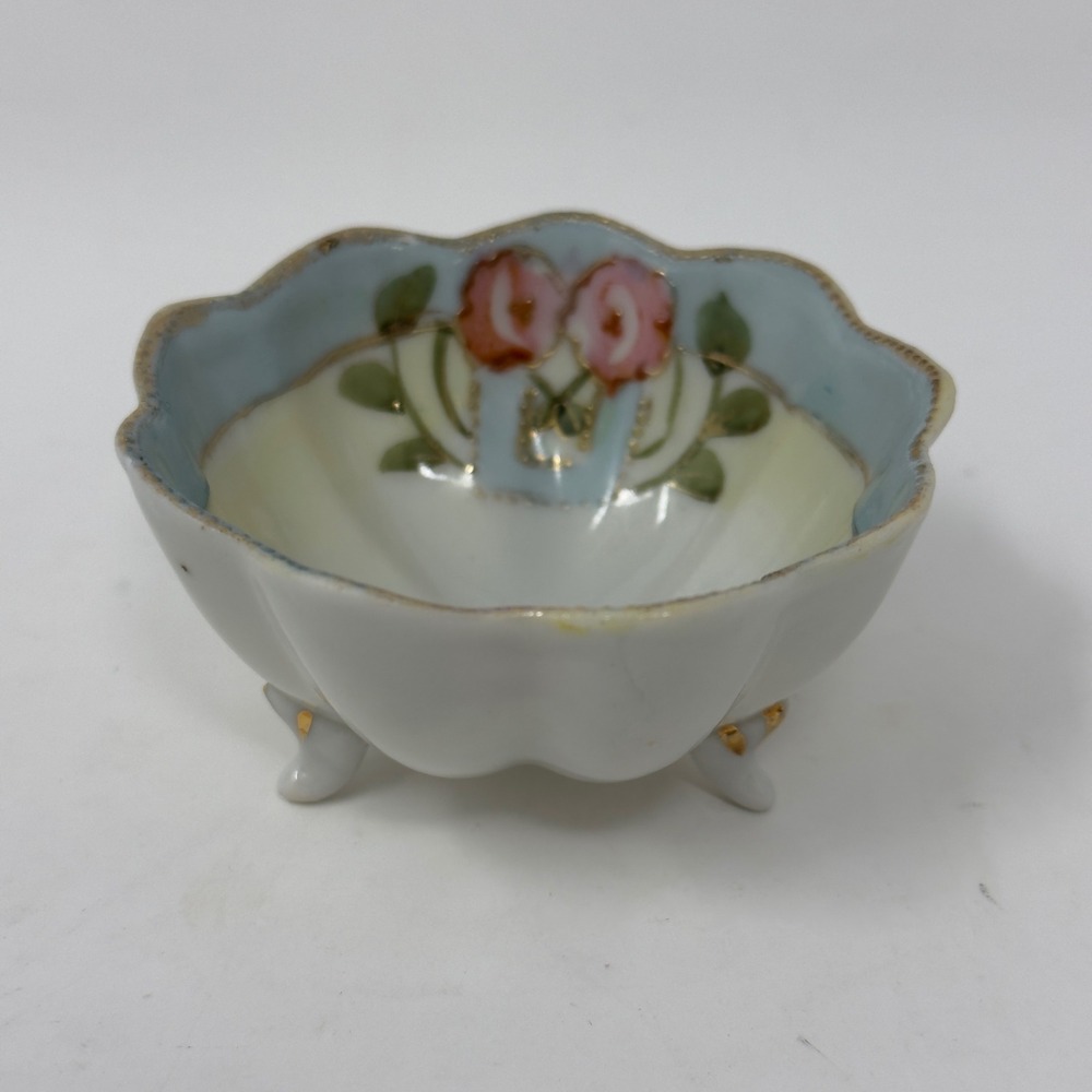 Antique Nippon Era Hand Painted Porcelain Footed Nut Bowl Roses Gilt